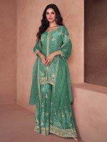 Aqua Green Faux Georgette Party Wear Sharara Suit